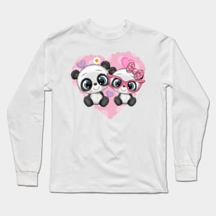 Two cute pandas on a heart background. Long Sleeve T-Shirt